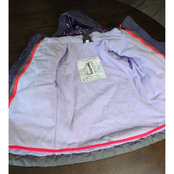 Girls Purple & Gray Hooded Winter Jacket With Polka Dot Lining Red Zippers & Fle - Picture 5 of 16